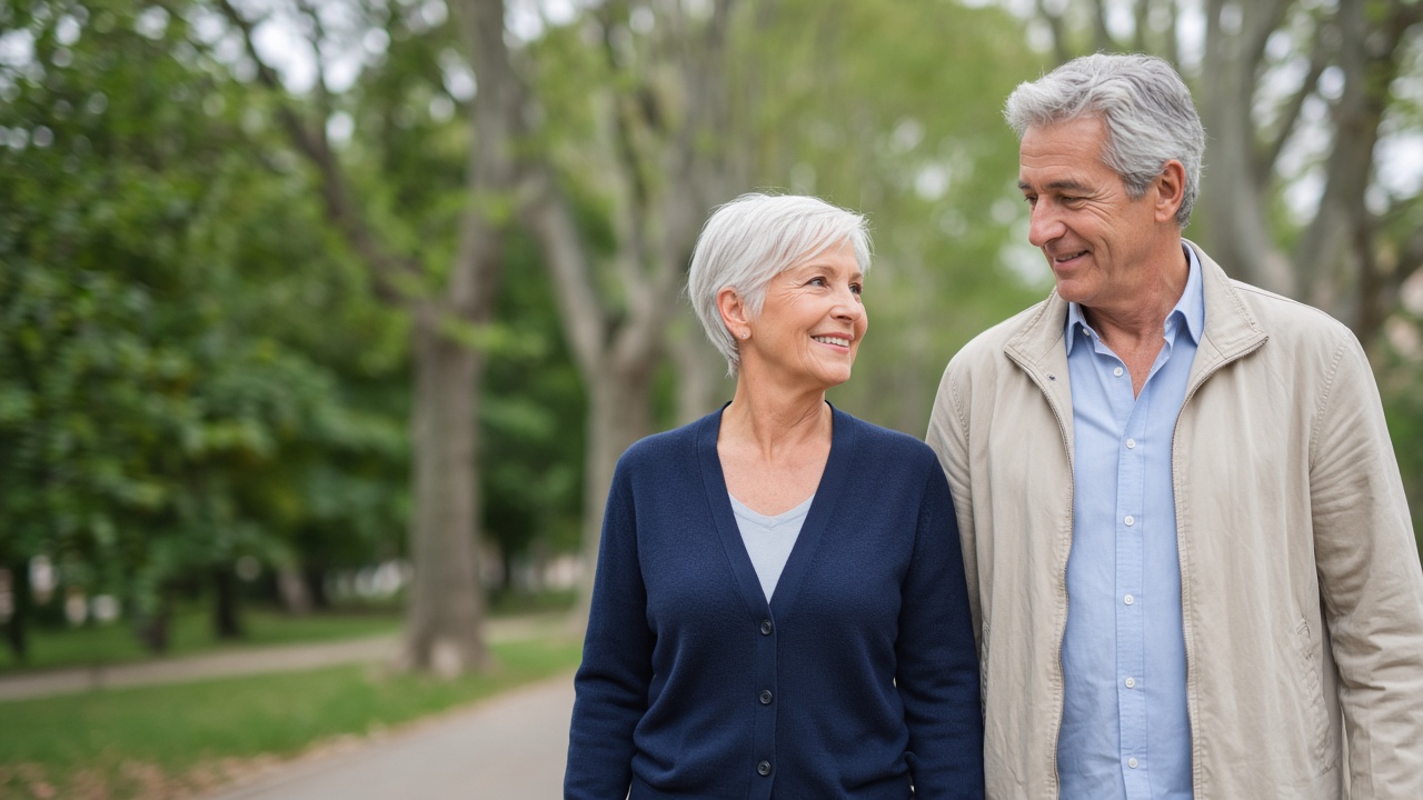 Couple senior en promenade, naturel et souriant